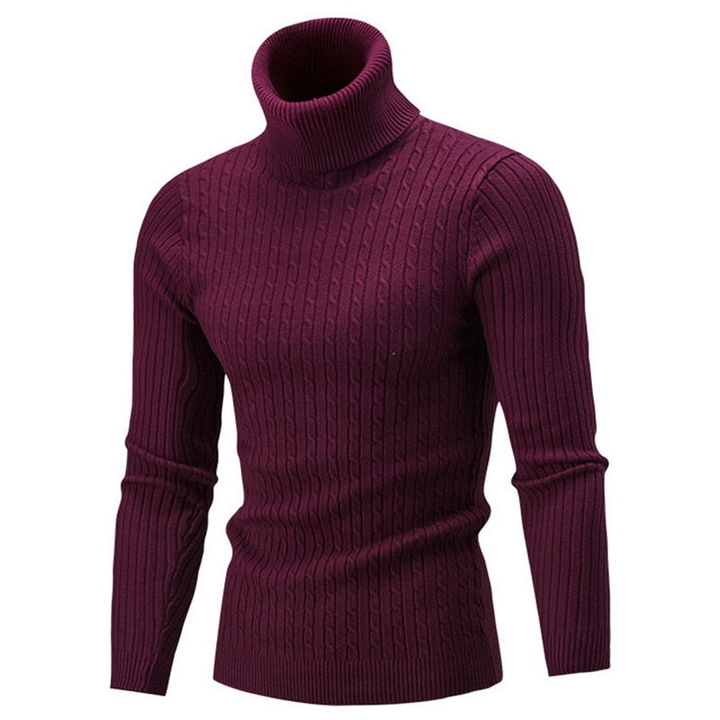 Burgundy slim fit turtleneck pullover with ribbed cuffs and hem