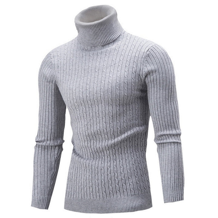 Light gray cable knit turtleneck sweater shown from the front