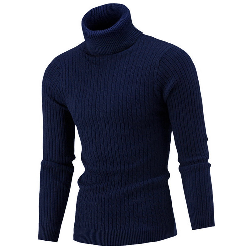 Navy turtleneck sweater with cable texture and fitted shape