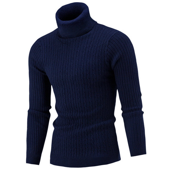 Navy turtleneck sweater with cable texture and fitted shape