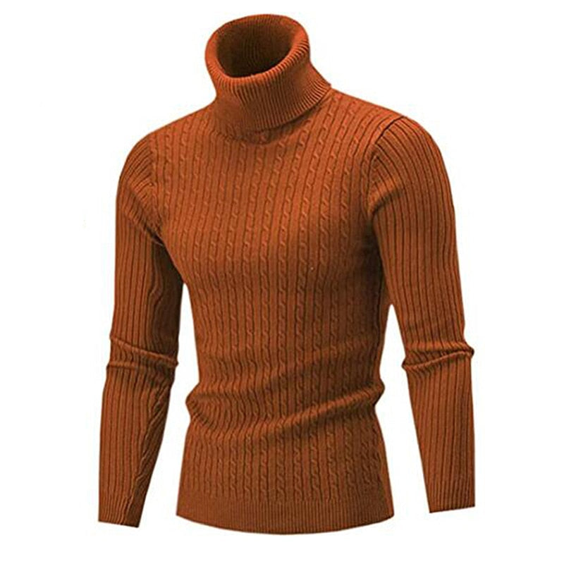 Rust turtleneck sweater with vertical cable pattern and long sleeves