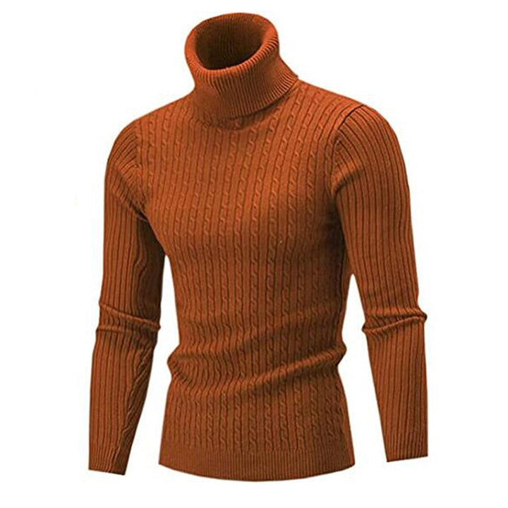 Rust turtleneck sweater with vertical cable pattern and long sleeves