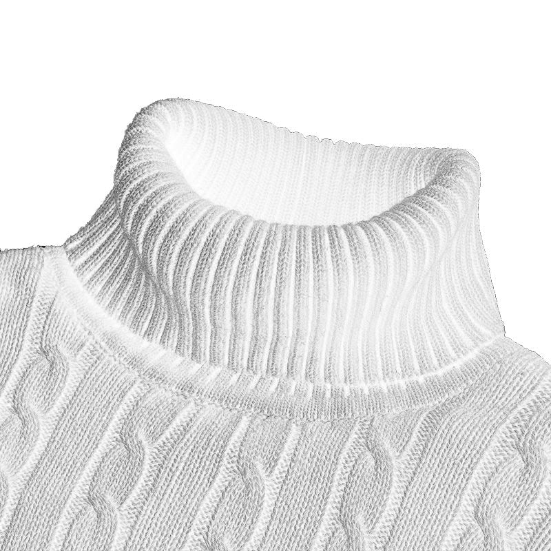 Close up of the white ribbed turtleneck and braided pattern