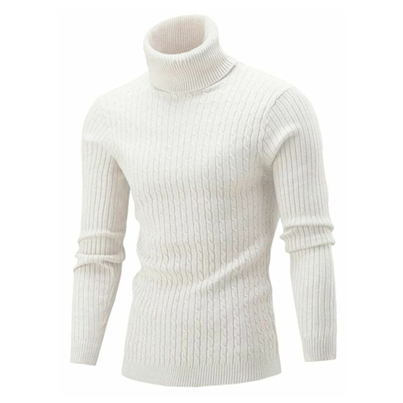 White cable knit turtleneck pullover with folded high neck
