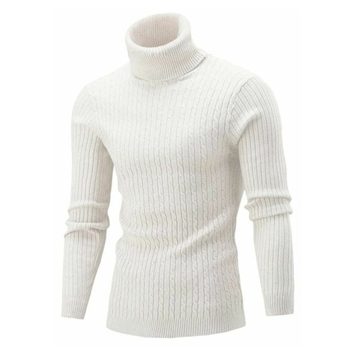 White cable knit turtleneck pullover with folded high neck