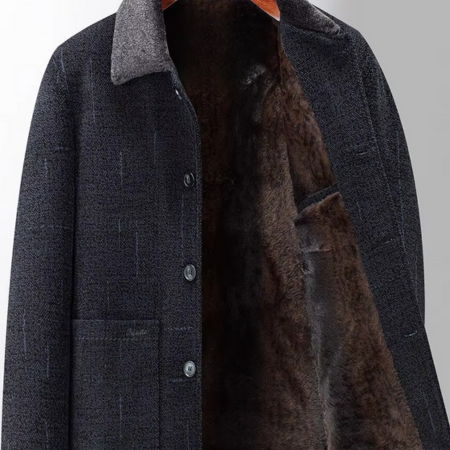 Men's navy plush lined car coat, front view showing the plush lining