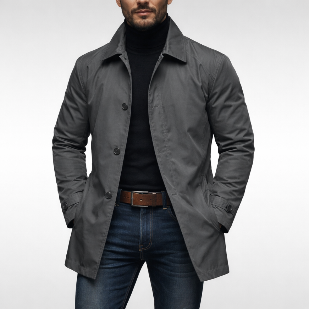 Men's gray short car coat, front view on a model