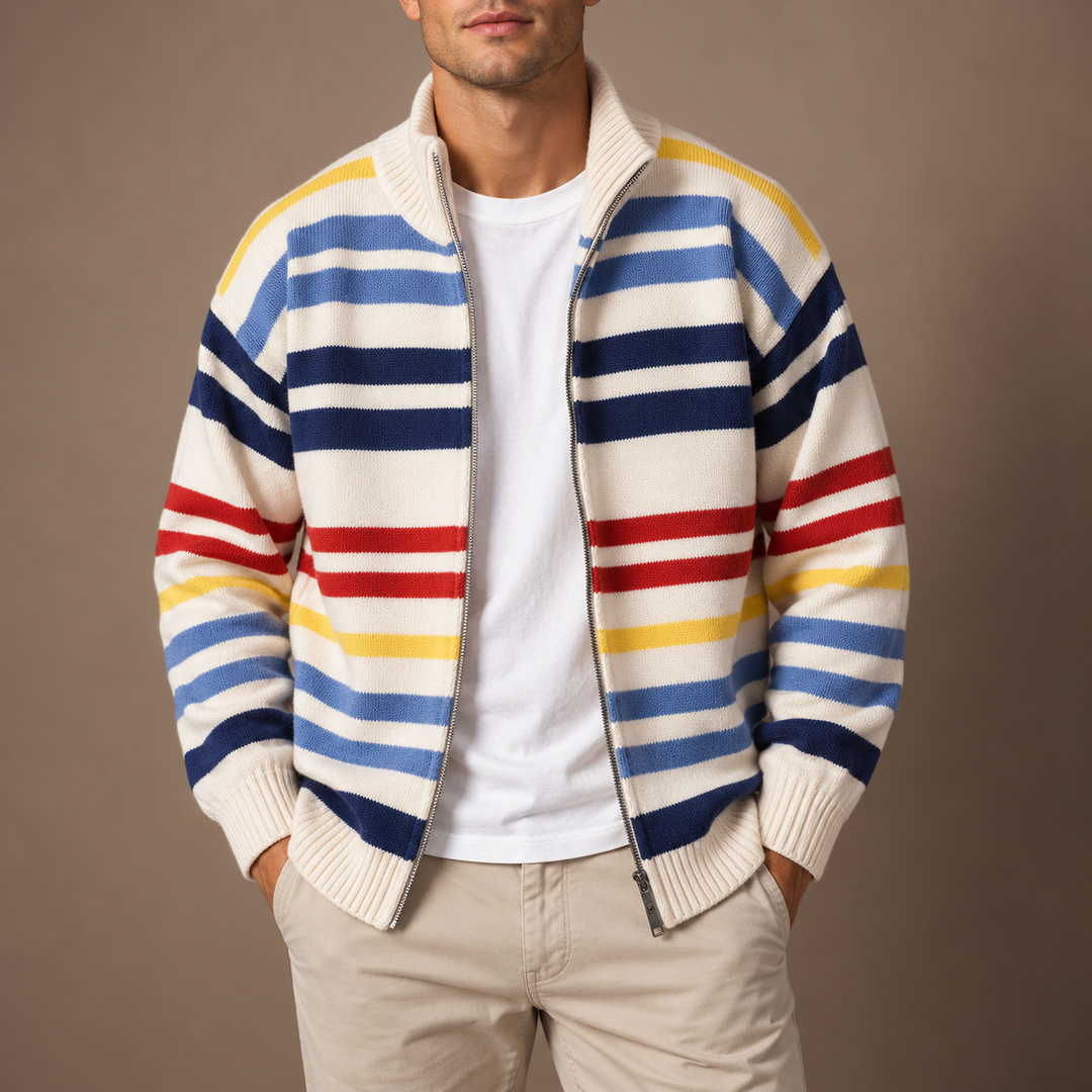 Men's Cardigan | Full Zip Stand Collar Multicolor Stripe Knit