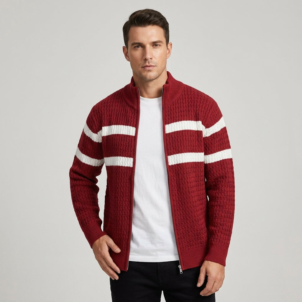 Men's Cardigan | Full Zip Stand Collar with Chest Stripes