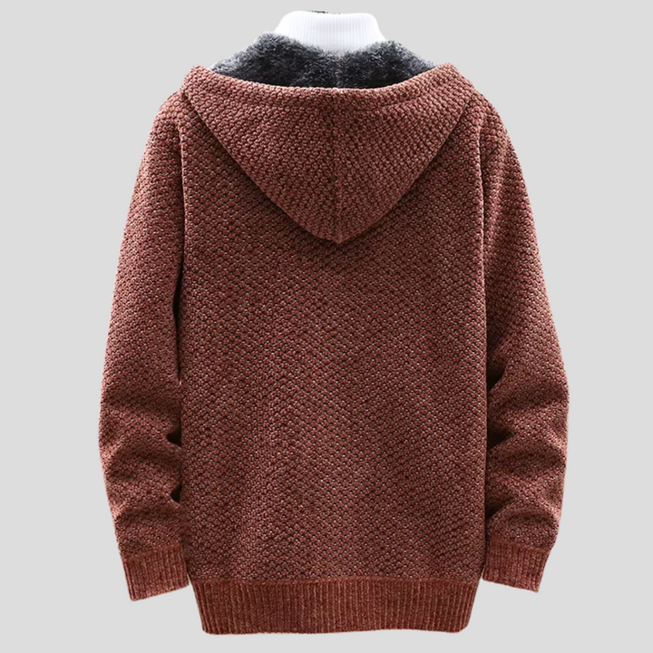 Back view of the burgundy hooded cardigan with sherpa lining visible at the hood