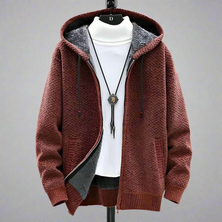 Burgundy hooded zip up cardigan shown on a stand with a white shirt underneath