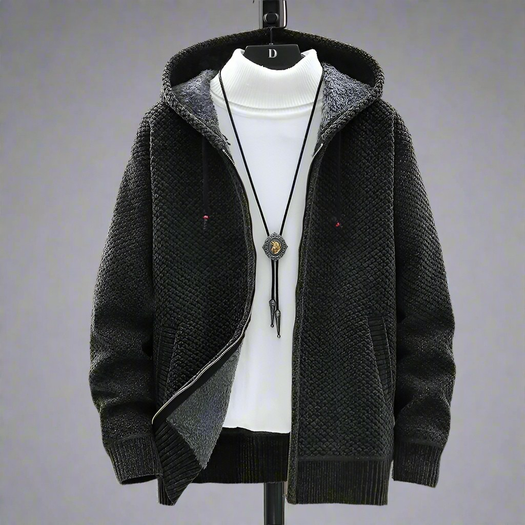 Charcoal green hooded knit cardigan with sherpa lining, front view with zipper partly open