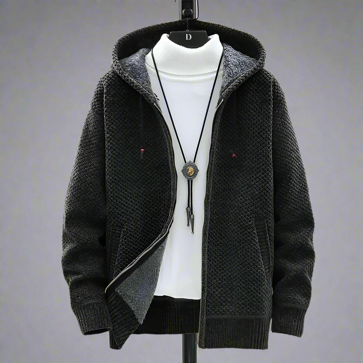 Charcoal green hooded knit cardigan with sherpa lining, front view with zipper partly open