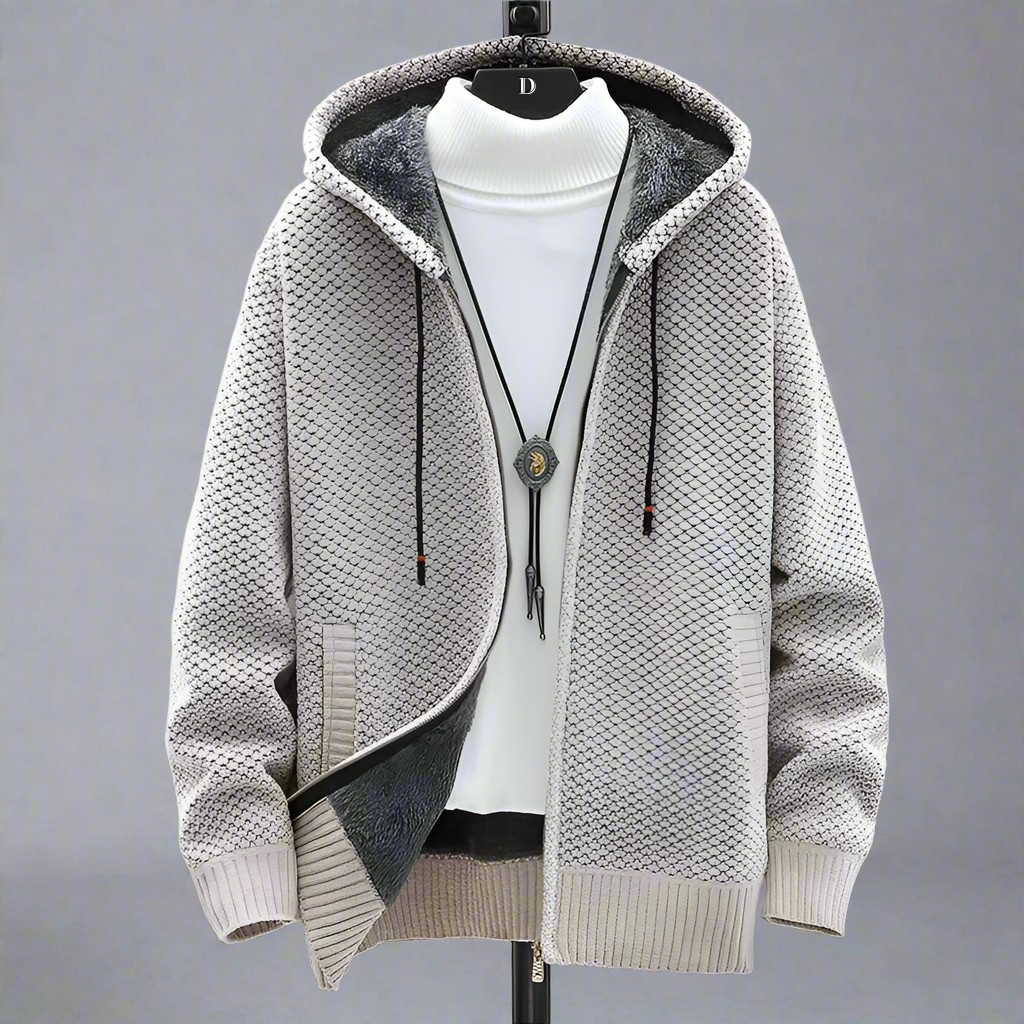 Men's cardigan in stone, hooded zip up knit with sherpa lining, front view on stand