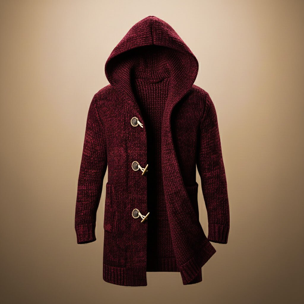 Burgundy long hooded cardigan with three toggle fastenings
