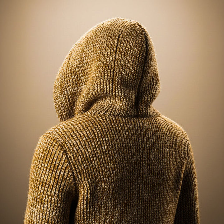 Back view of the camel cardigan showing the generous hood