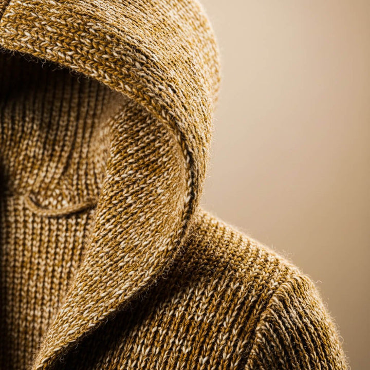 Close up of the hood and marled knit stitch