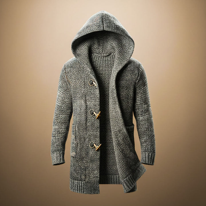 Gray chunky knit hooded cardigan with toggle front
