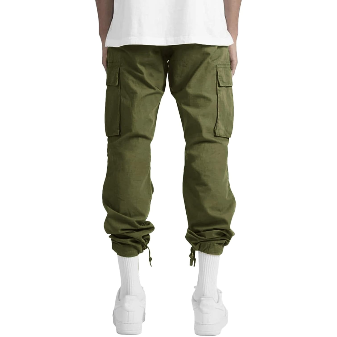 Back view of army green cargo pants with drawstring hems