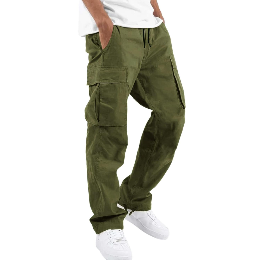 Men's cargo pants in army green, relaxed fit with drawstring waist and cuffs