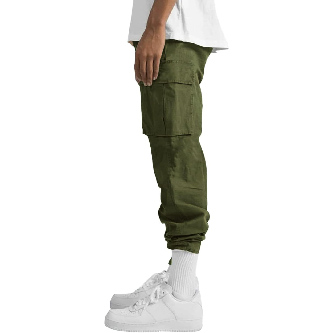 Side view of army green cargo pants showing the thigh flap pocket