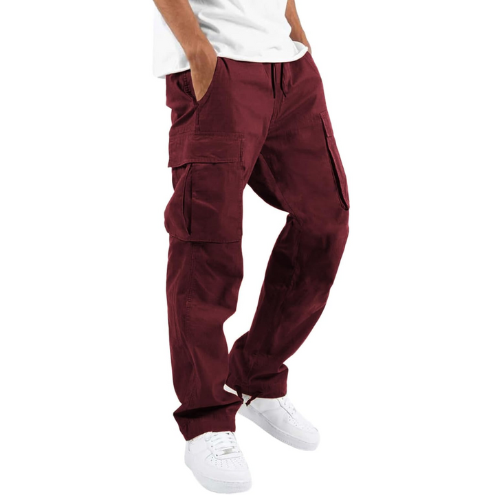 Burgundy cargo pants worn with a white tee