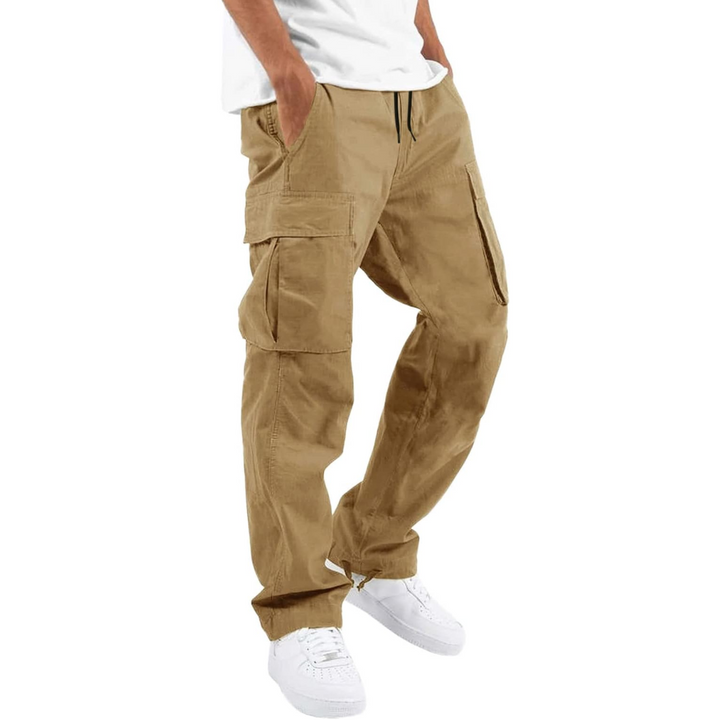 Khaki cargo pants with drawstring waist and straight hems