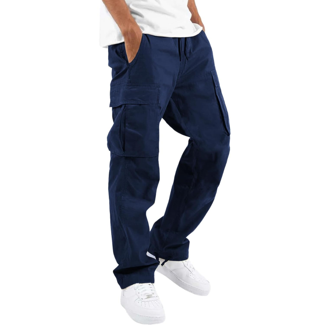 Navy cargo pants with large thigh pockets