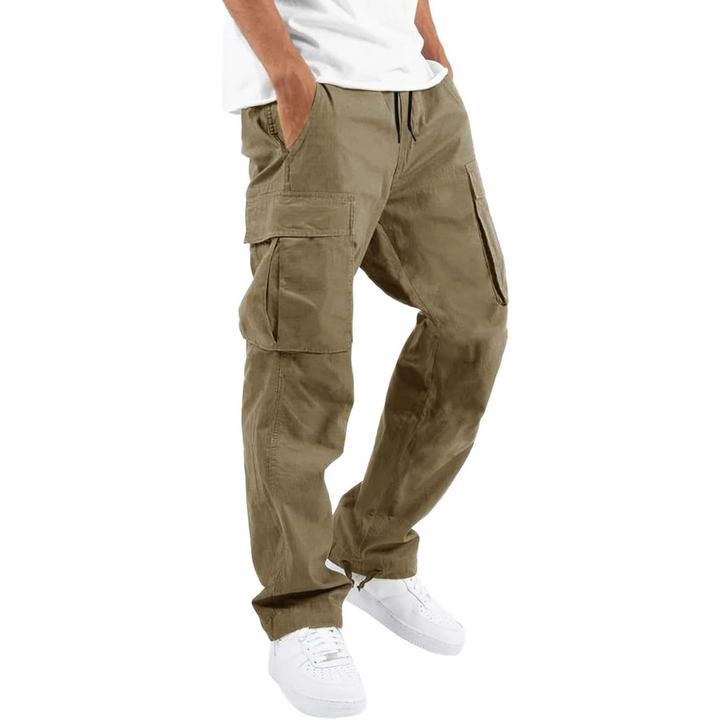 Stone colored cargo pants with a tied drawstring waist