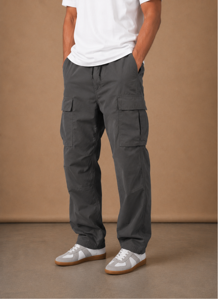 Men's cargo pants in charcoal, relaxed straight leg with drawstring waist