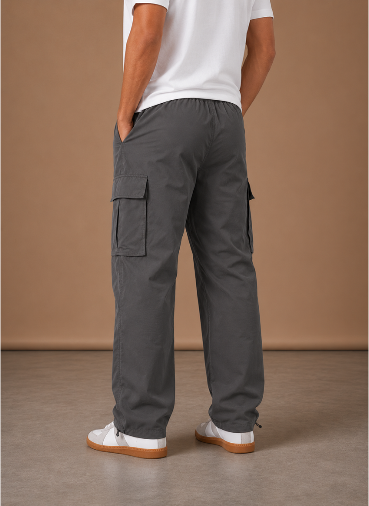 Side view of the charcoal cargo pants with thigh pocket