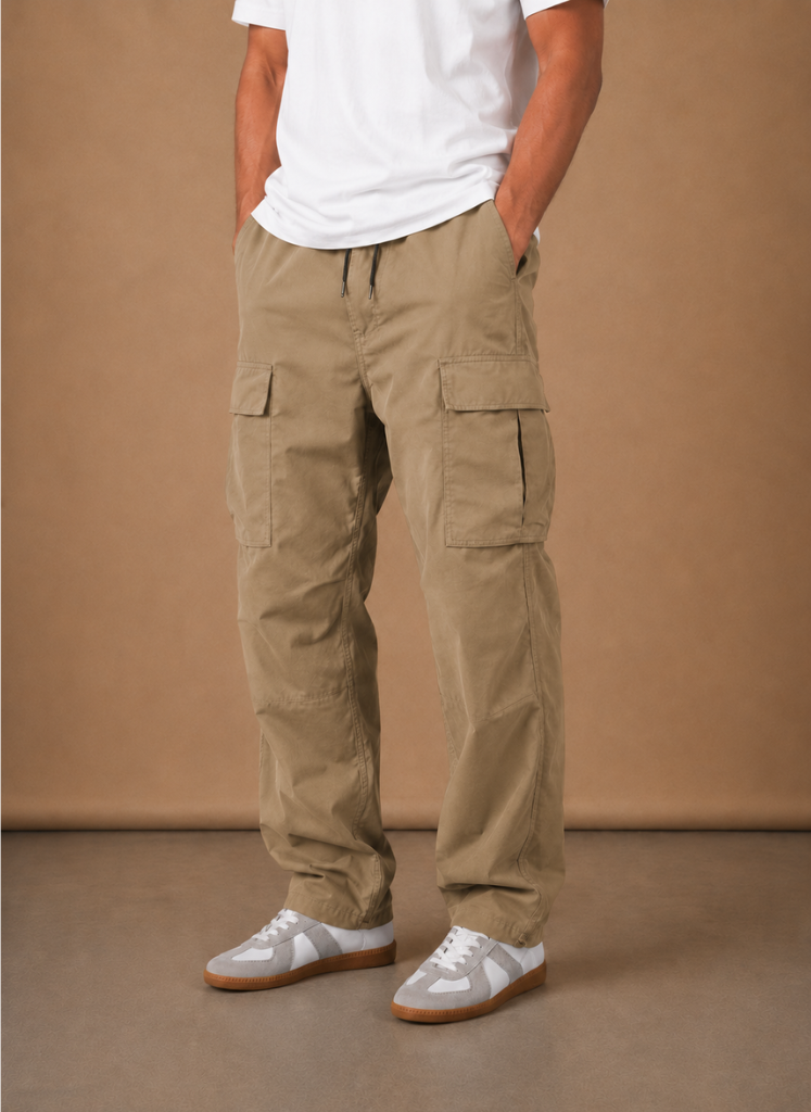 Khaki straight leg cargo pants with a drawstring waistband