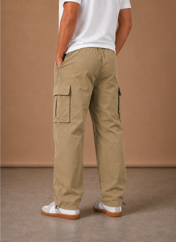 Side view of the khaki cargo pants with flap pocket