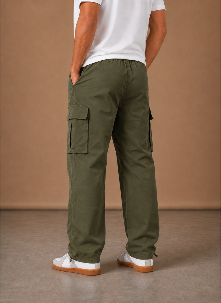 Side view of the olive cargo pants with straight leg