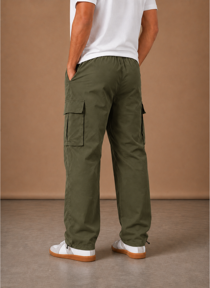 Side view of the olive cargo pants with straight leg