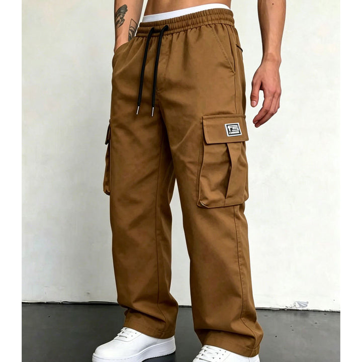 Caramel wide leg cargo pants styled with white sneakers