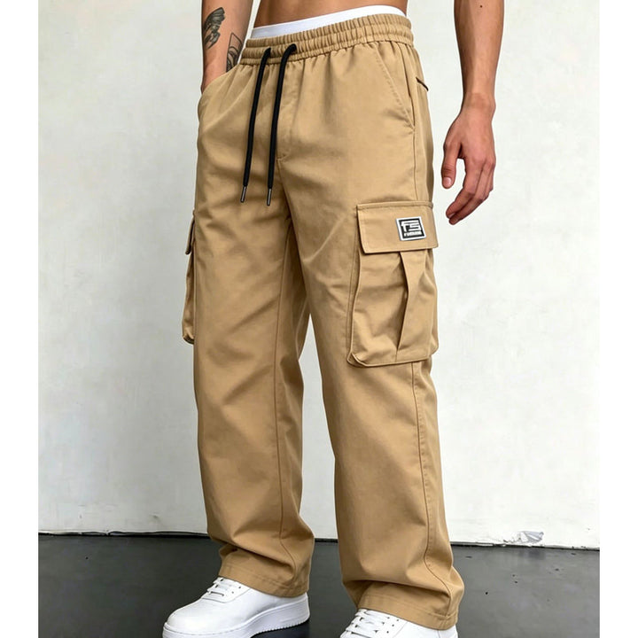 Sand wide leg cargo pants styled with white sneakers
