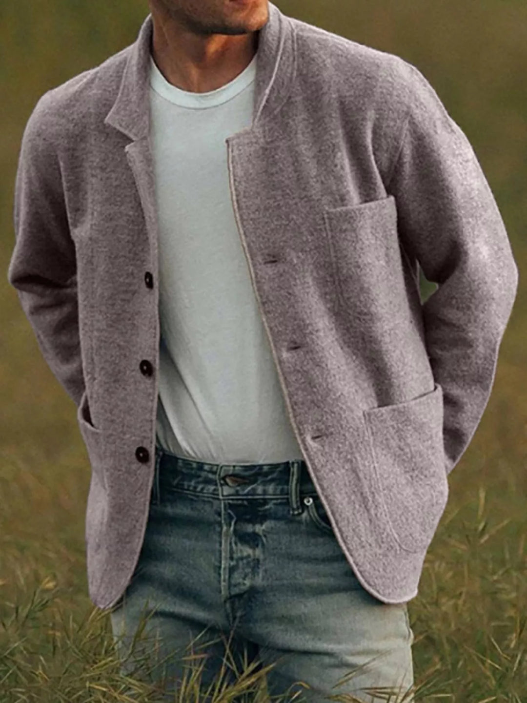 Men's casual blazer in taupe, textured sport coat with patch pockets worn over a white tee