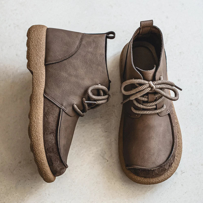 Men's casual boots in taupe, lace up ankle walking boots with crepe sole, overhead view