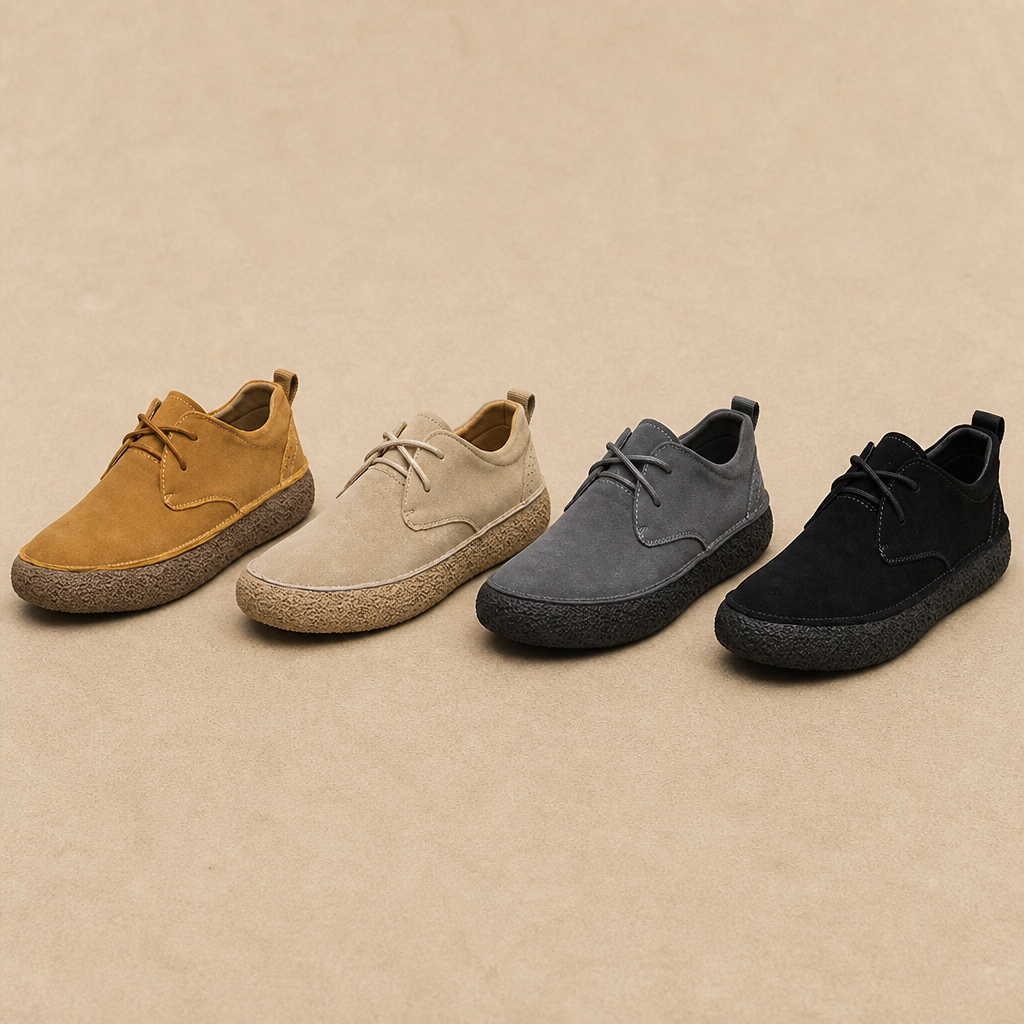 Four low top casual shoes in tan, sand, gray and black lined up together