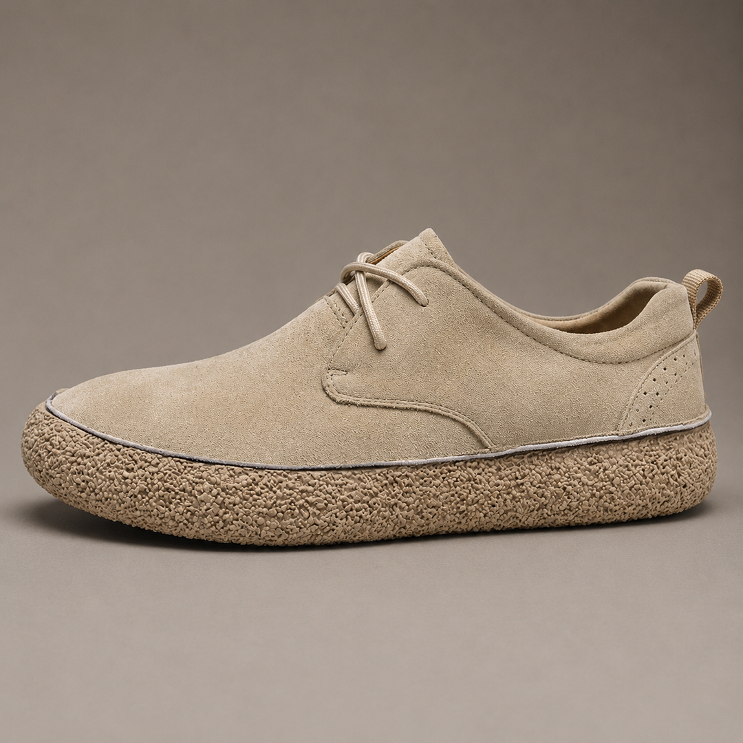 Sand low top casual shoe in side view with matching light crepe sole