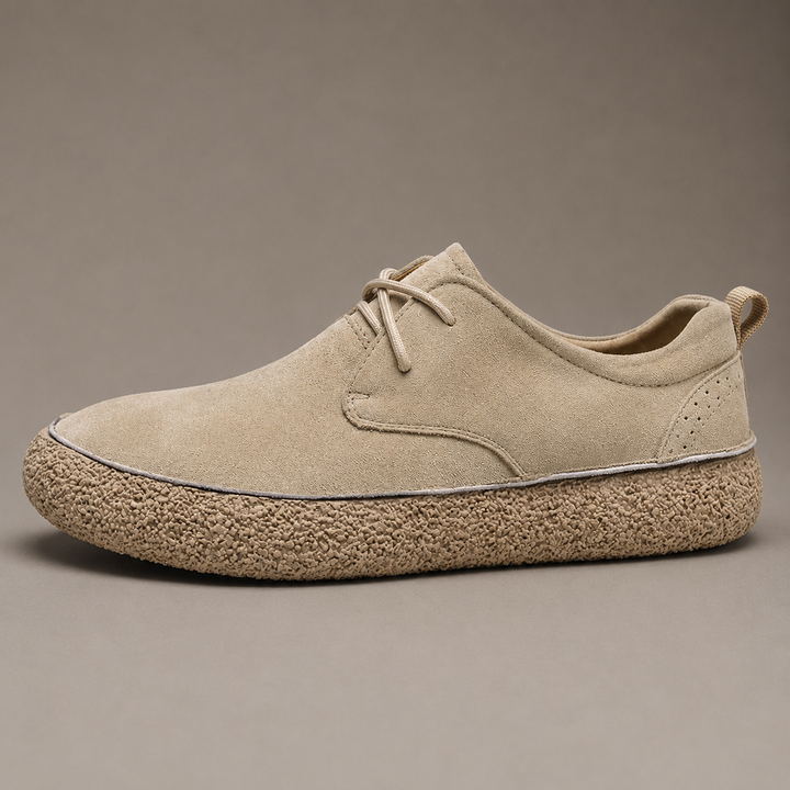 Sand low top casual shoe in side view with matching light crepe sole