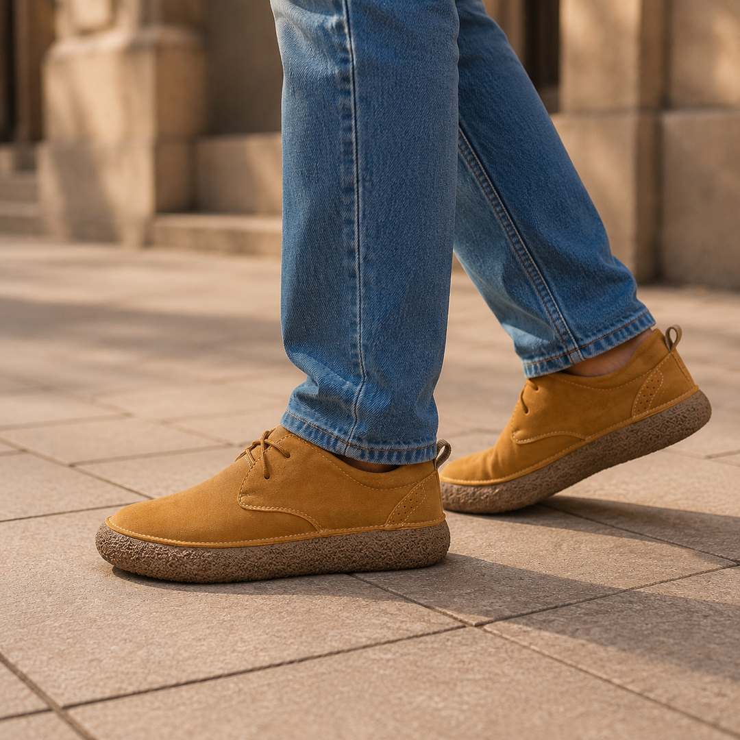 Tan suede look shoes worn while walking in jeans on a stone path