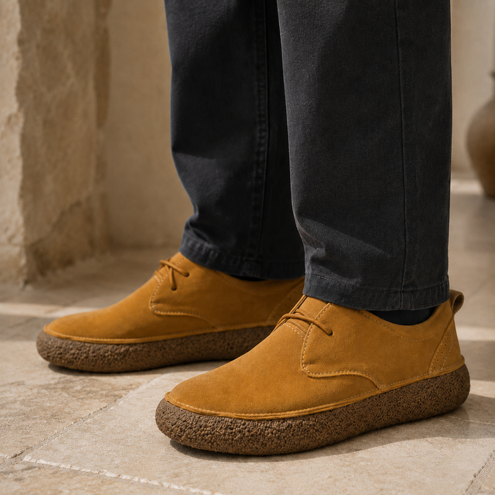 Tan casual shoes worn with dark pants, standing on a light stone floor