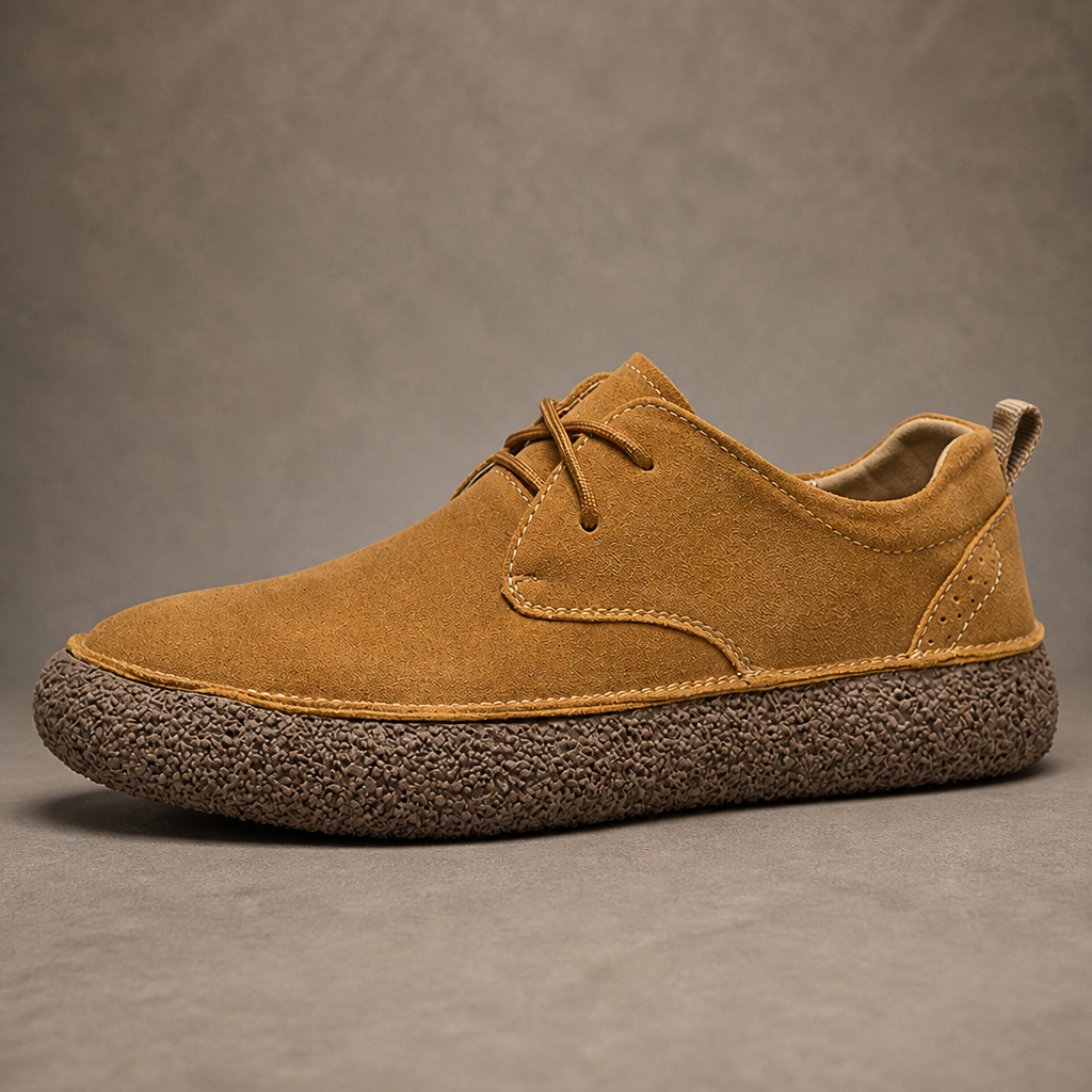 Single tan low top shoe with brown laces and thick crepe sole, side view