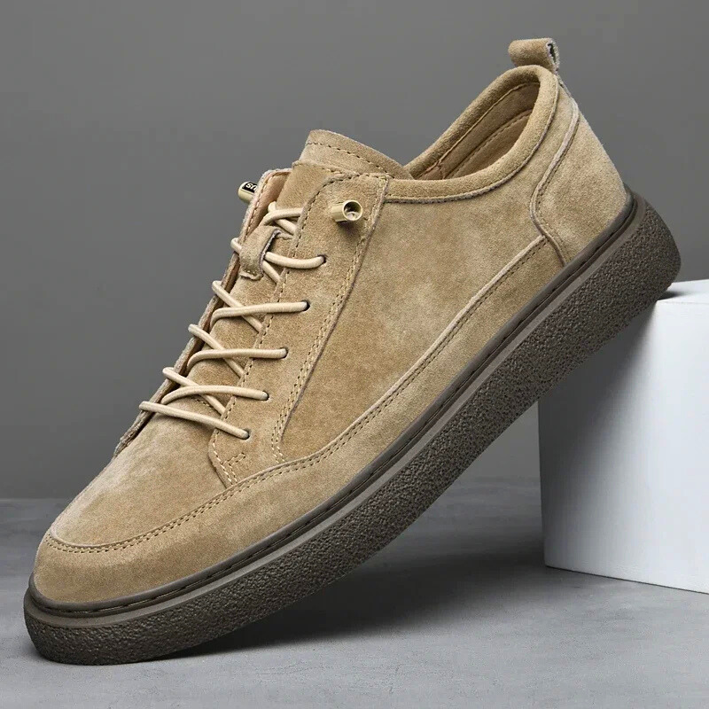 Men's casual sneakers, suede-look low top lace up in camel