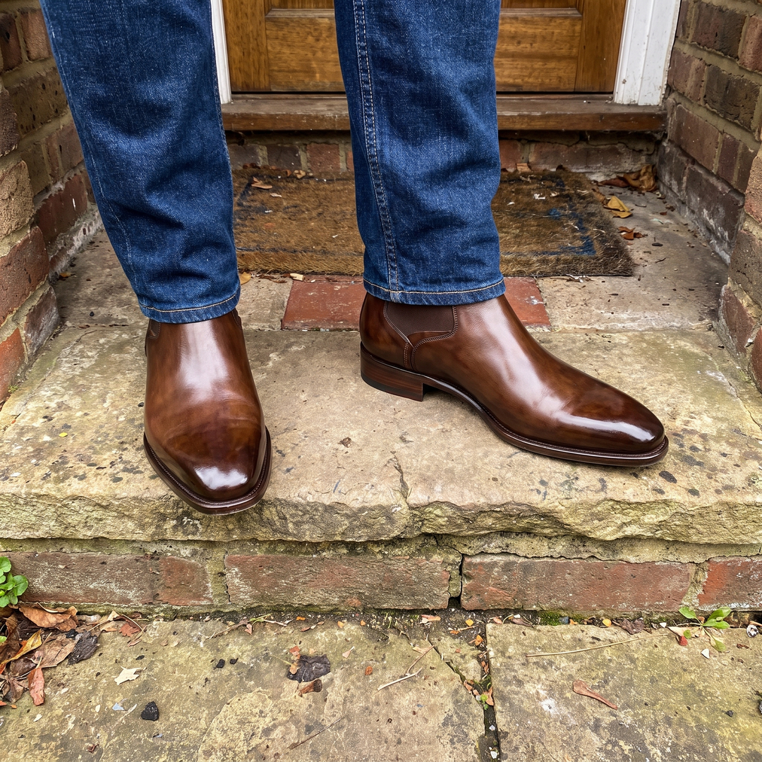 Dark brown chelsea boots worn with blue denim on a stone step