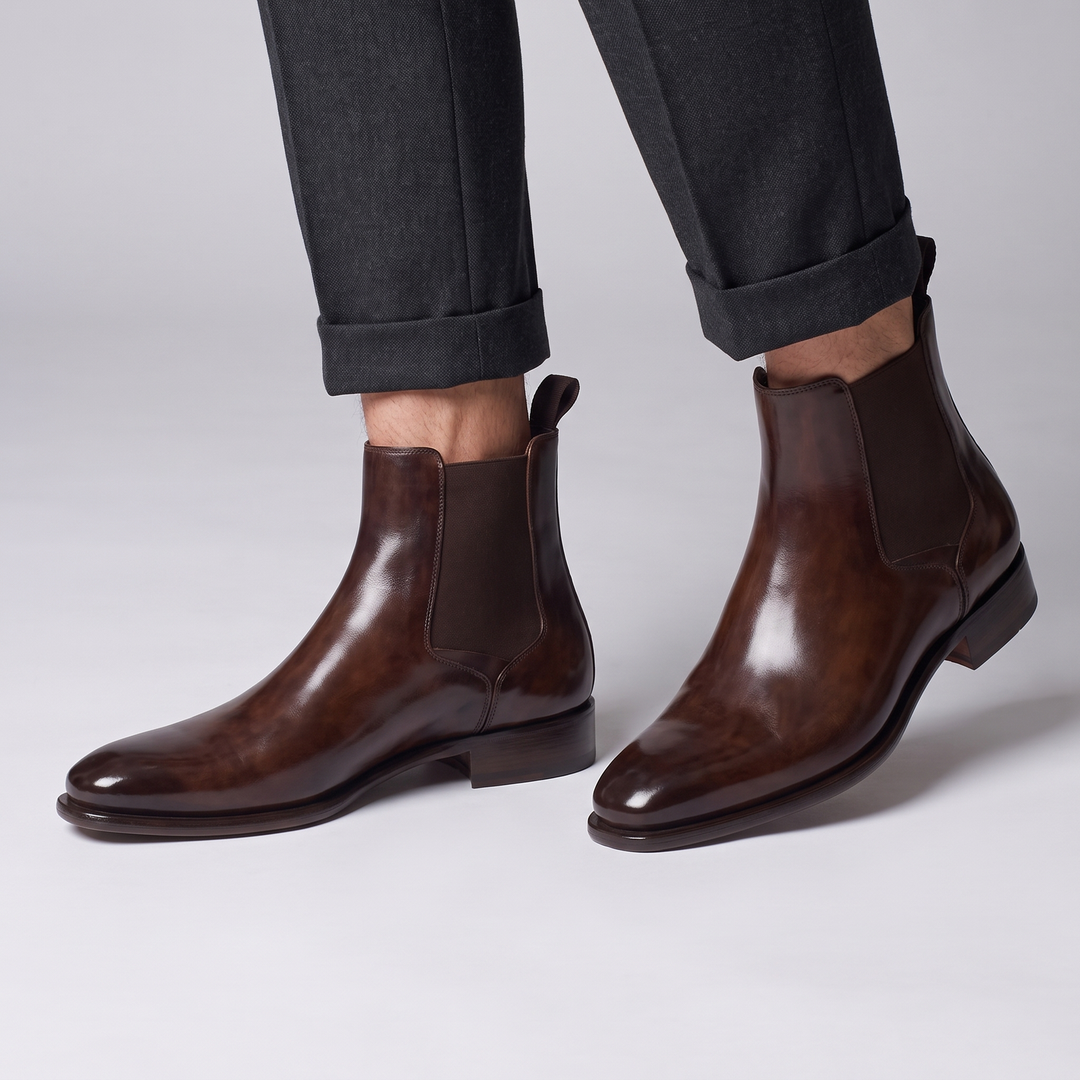 Men's chelsea boots in dark brown, polished dress ankle boots with pull tab