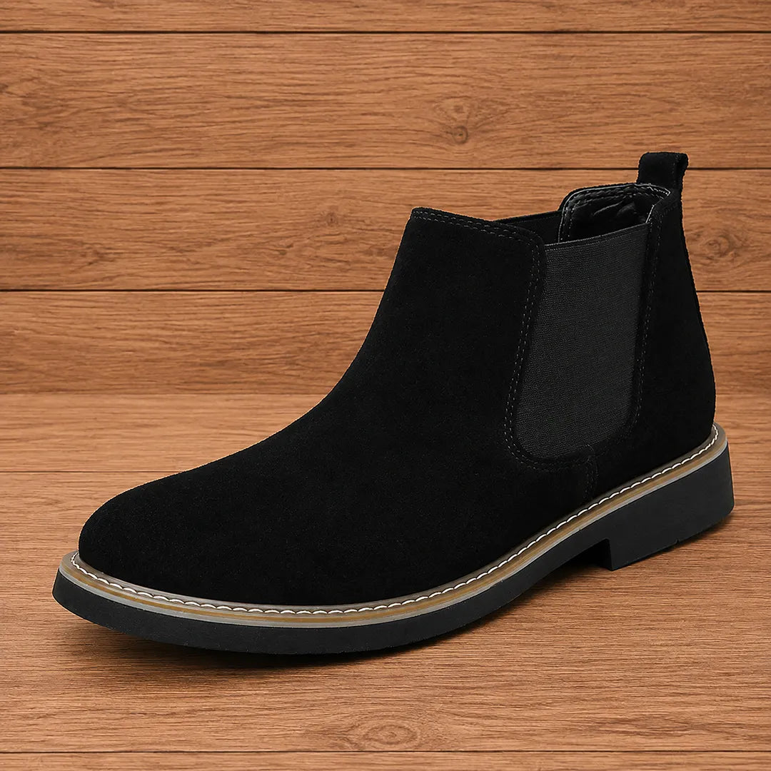 Men's chelsea boots in black suede look, pull on style with stitched welt