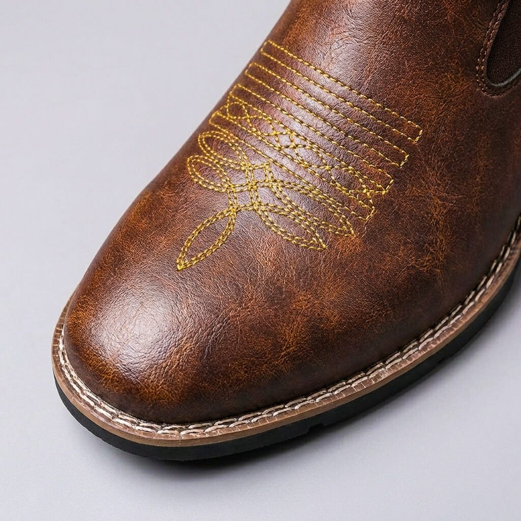 Close-up of the gold western stitching on the cognac toe